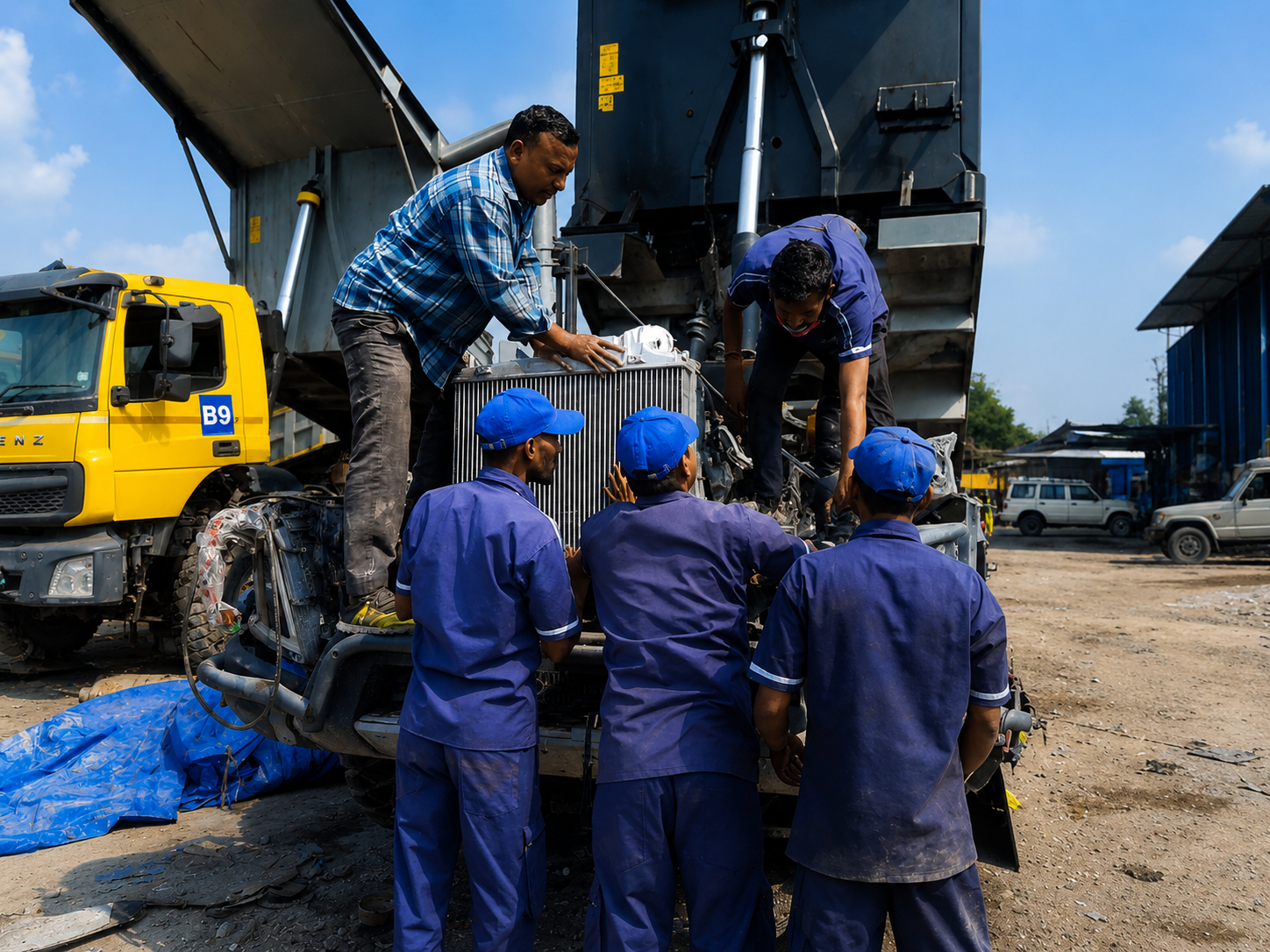 Technicians repairing a mining truck component