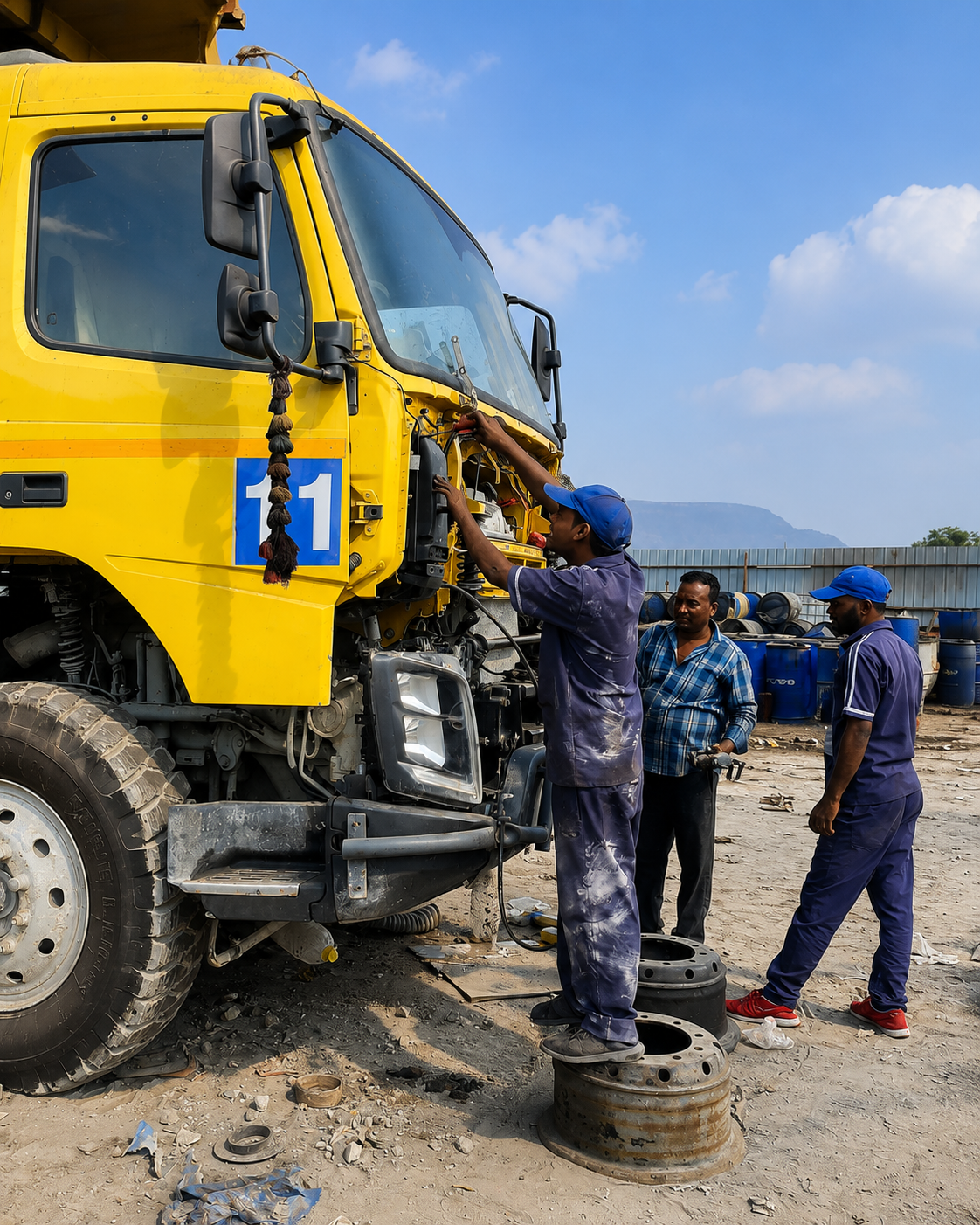 Mining truck maintenance technicians working on a vehicle